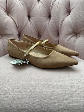 a new day Tan Suede Pointed Flats with Gold Metallic Strap